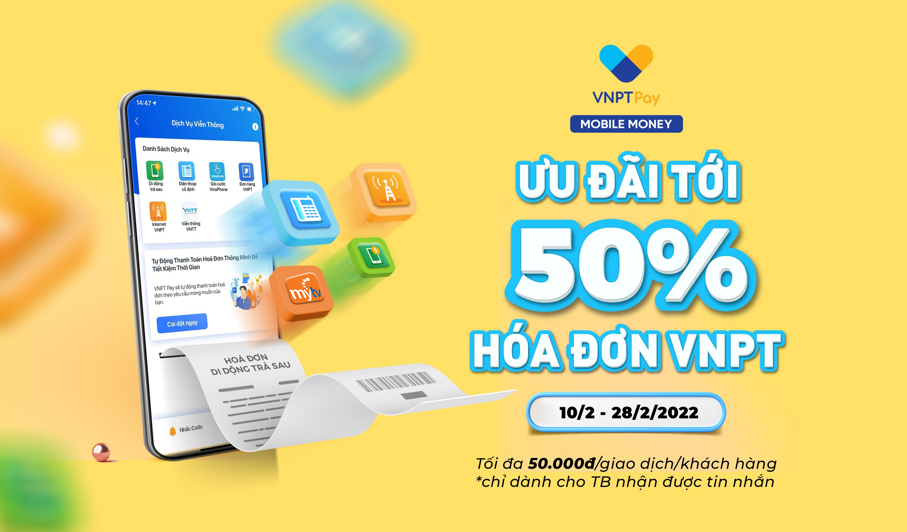 Mobile Money ưu đãi tới 50% hóa đơn VNPT